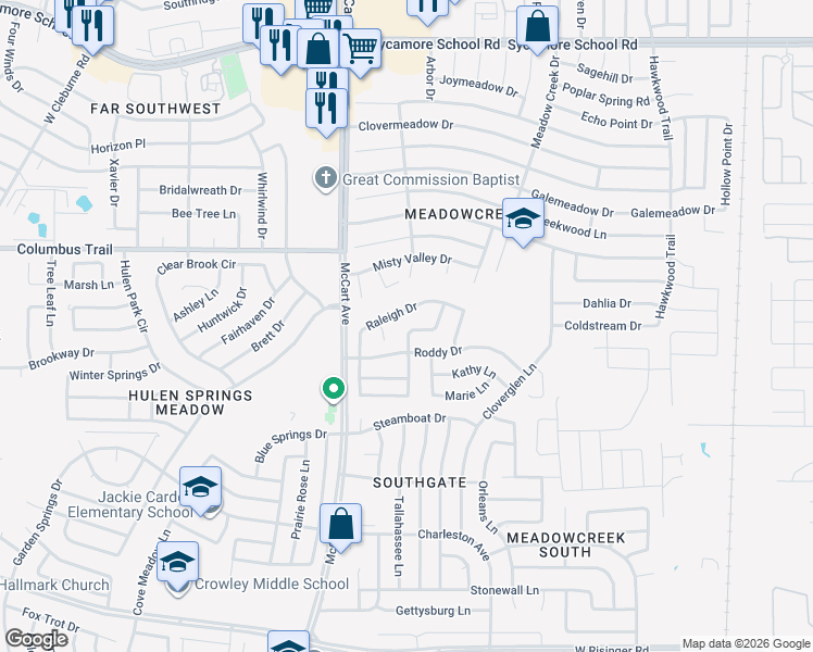 map of restaurants, bars, coffee shops, grocery stores, and more near 8052 Southern Pine Way in Fort Worth