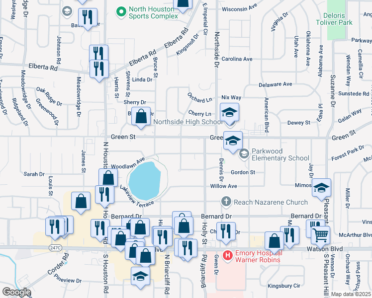 map of restaurants, bars, coffee shops, grocery stores, and more near 118 Woodlawn Avenue in Warner Robins