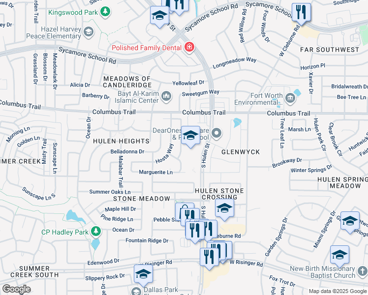 map of restaurants, bars, coffee shops, grocery stores, and more near 7965 Adobe Drive in Fort Worth