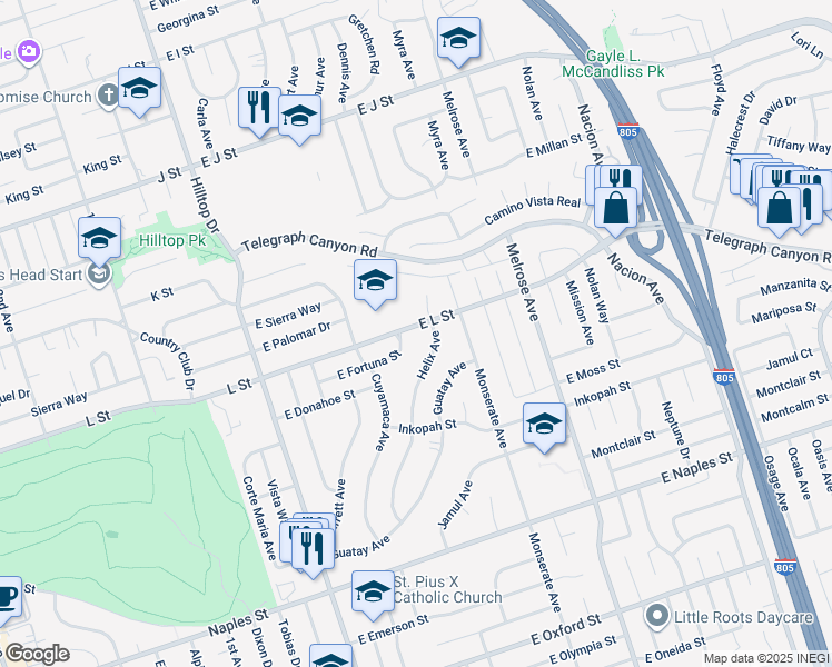 map of restaurants, bars, coffee shops, grocery stores, and more near 158 L Street in Chula Vista