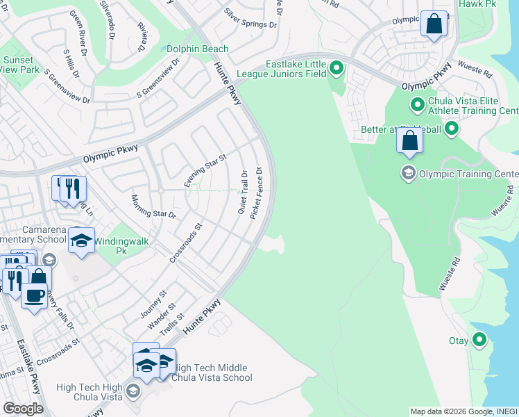 map of restaurants, bars, coffee shops, grocery stores, and more near 1694 Picket Fence Drive in Chula Vista