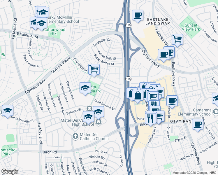 map of restaurants, bars, coffee shops, grocery stores, and more near 1930 Wellbrook Street in Chula Vista