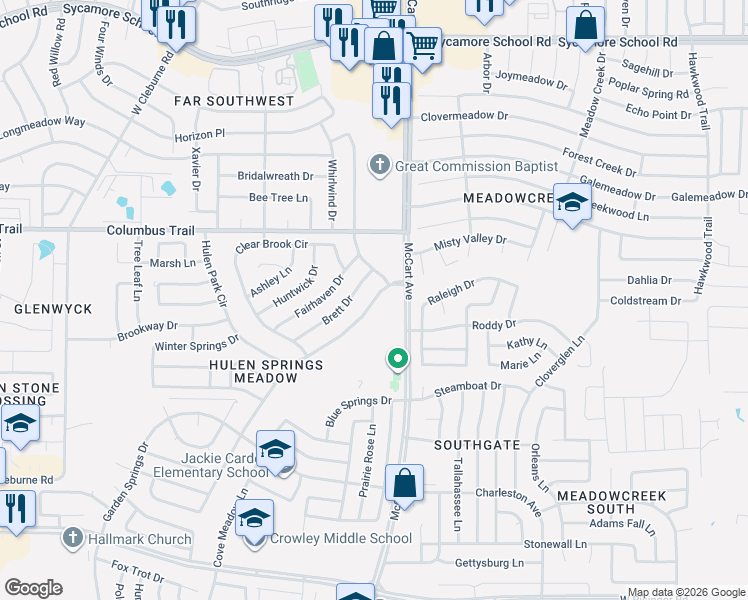map of restaurants, bars, coffee shops, grocery stores, and more near 3619 Hulen Park Circle in Fort Worth