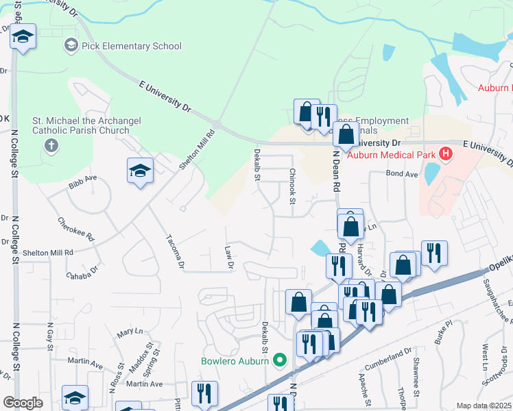 map of restaurants, bars, coffee shops, grocery stores, and more near 795 Cornstalk Circle in Auburn