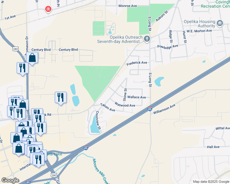 map of restaurants, bars, coffee shops, grocery stores, and more near 1298 Wallace Avenue in Opelika
