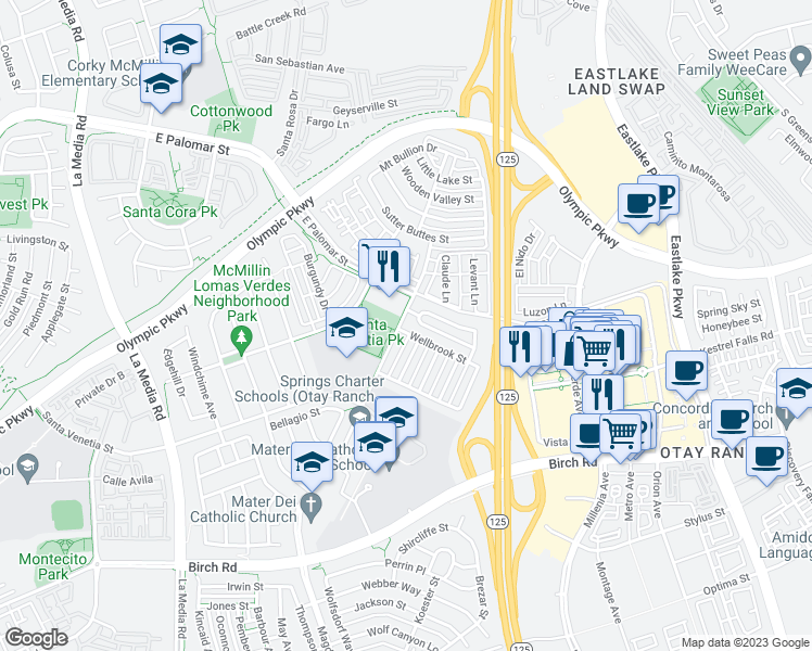 map of restaurants, bars, coffee shops, grocery stores, and more near 1888 Caminito Treviana in Chula Vista