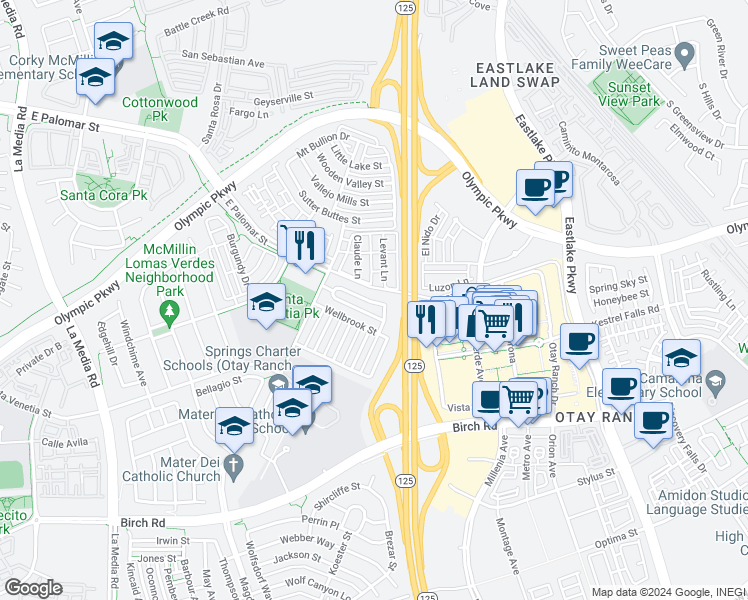 map of restaurants, bars, coffee shops, grocery stores, and more near 1971 Caminito De La Cruz in Chula Vista