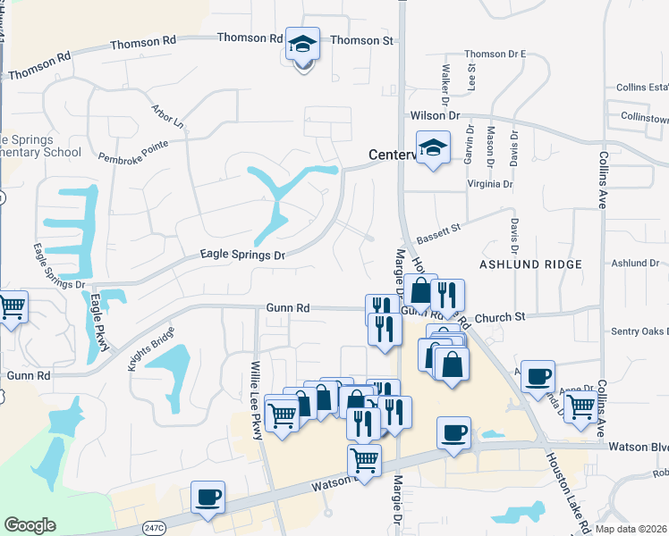map of restaurants, bars, coffee shops, grocery stores, and more near 221 Carrington Lane in Centerville