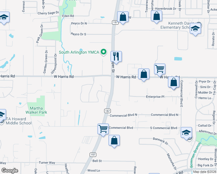 map of restaurants, bars, coffee shops, grocery stores, and more near 7370 South Cooper Street in Arlington