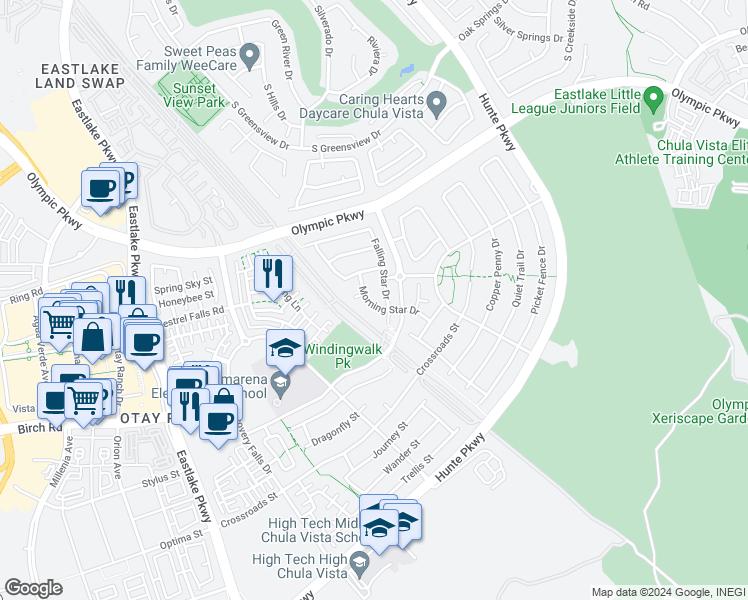 map of restaurants, bars, coffee shops, grocery stores, and more near 1635 Morning Star Drive in Chula Vista