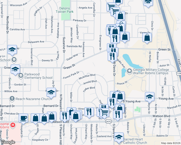 map of restaurants, bars, coffee shops, grocery stores, and more near 506 McArthur Boulevard in Warner Robins