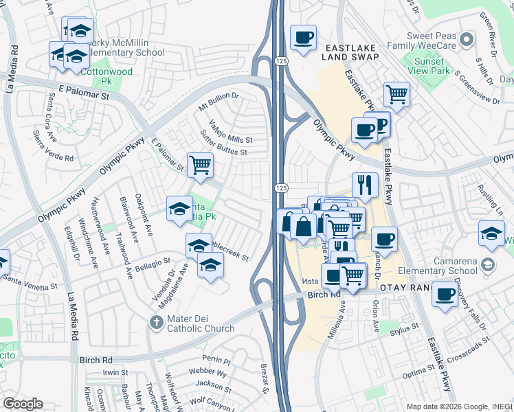 map of restaurants, bars, coffee shops, grocery stores, and more near 1998 Caminito Alcala in Chula Vista