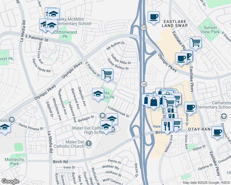 map of restaurants, bars, coffee shops, grocery stores, and more near 1930 Wellbrook Street in Chula Vista