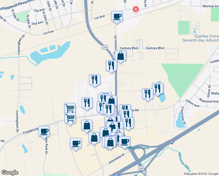 map of restaurants, bars, coffee shops, grocery stores, and more near 2204 Gateway Drive in Opelika