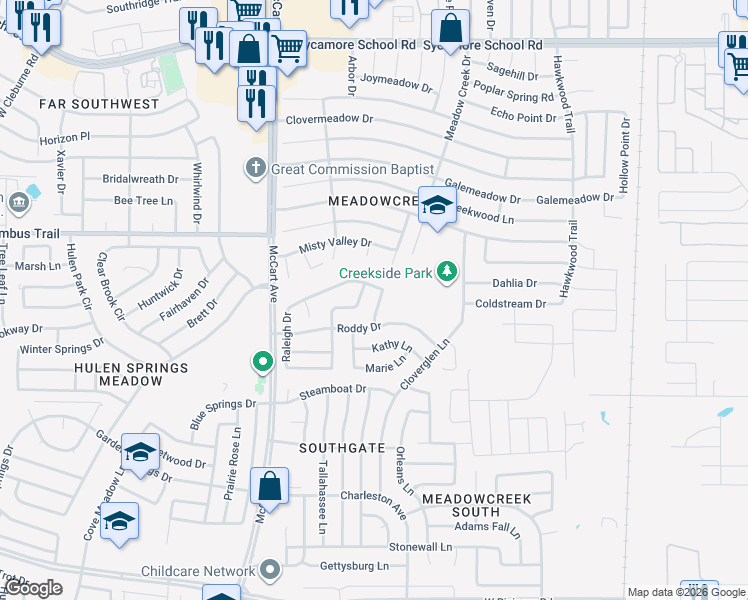 map of restaurants, bars, coffee shops, grocery stores, and more near 8067 Athens Way in Fort Worth