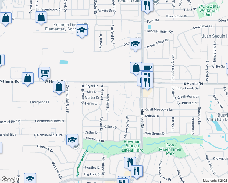 map of restaurants, bars, coffee shops, grocery stores, and more near 7410 Sun Grace Drive in Arlington