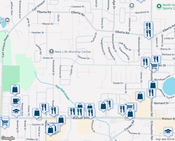 map of restaurants, bars, coffee shops, grocery stores, and more near 105 Hunters Glen in Warner Robins