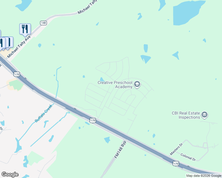 map of restaurants, bars, coffee shops, grocery stores, and more near 1314 Olivewood Place in Crandall