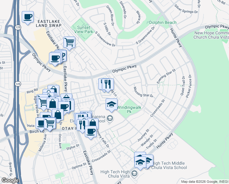 map of restaurants, bars, coffee shops, grocery stores, and more near 2284 Red Leaf Lane in Chula Vista