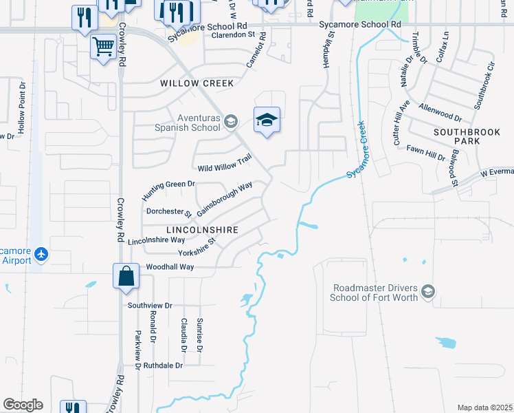 map of restaurants, bars, coffee shops, grocery stores, and more near 1354 Yorkshire Street in Fort Worth