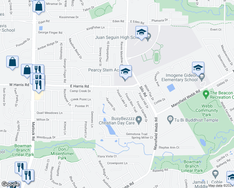 map of restaurants, bars, coffee shops, grocery stores, and more near 7202 Fossil Lake Drive in Arlington