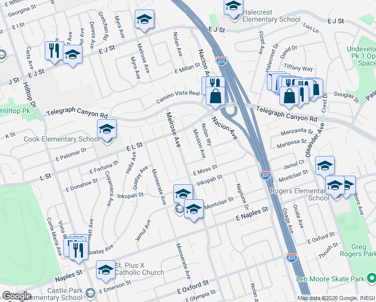 map of restaurants, bars, coffee shops, grocery stores, and more near 942 Monterey Court in Chula Vista