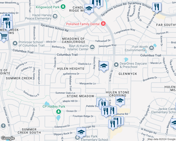 map of restaurants, bars, coffee shops, grocery stores, and more near 7974 Belladonna Drive in Fort Worth