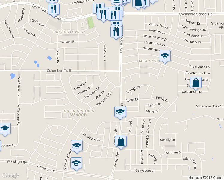 map of restaurants, bars, coffee shops, grocery stores, and more near 3610 Hulen Park Circle in Fort Worth