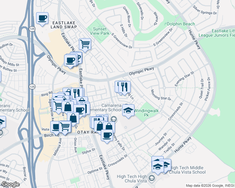 map of restaurants, bars, coffee shops, grocery stores, and more near 1613 Rain Patter Lane in Chula Vista