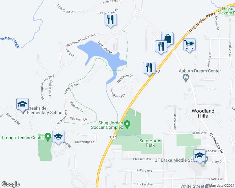 map of restaurants, bars, coffee shops, grocery stores, and more near 112103 Northwood Drive in Auburn