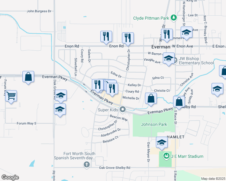 map of restaurants, bars, coffee shops, grocery stores, and more near 1813 Everman Parkway in Fort Worth