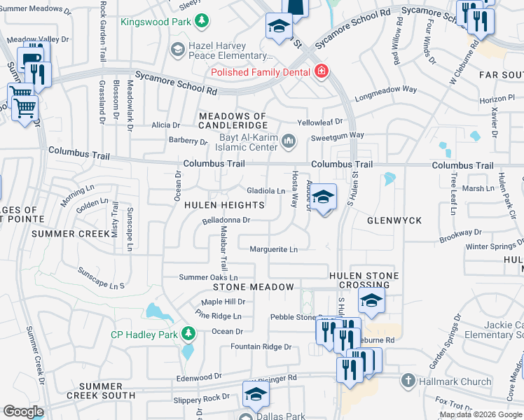 map of restaurants, bars, coffee shops, grocery stores, and more near 4613 Belladonna Drive in Fort Worth