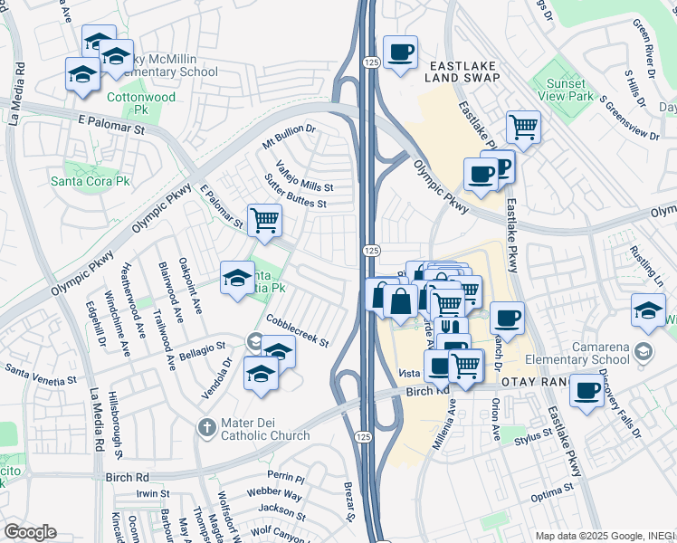 map of restaurants, bars, coffee shops, grocery stores, and more near 1998 Caminito Alcala in Chula Vista