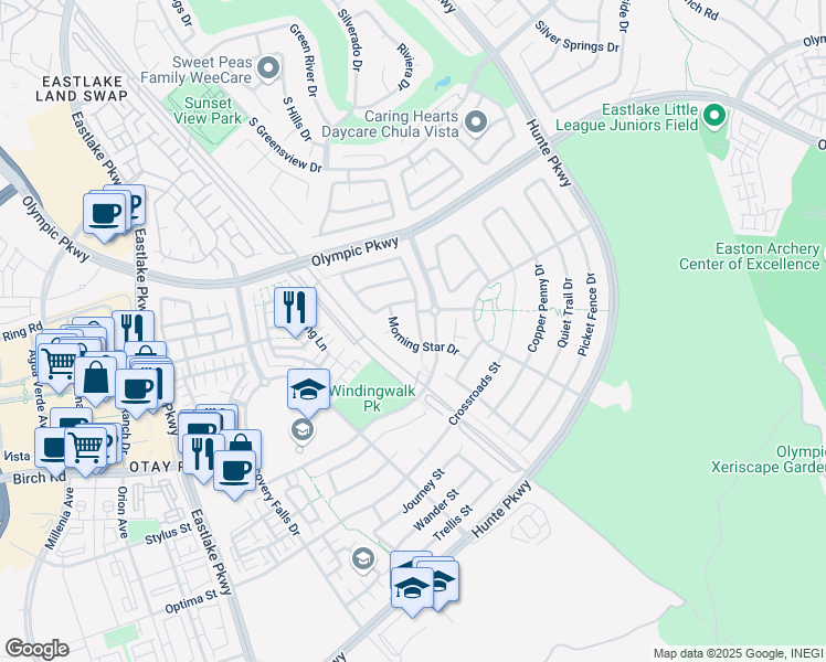map of restaurants, bars, coffee shops, grocery stores, and more near 1630 Falling Star Drive in Chula Vista