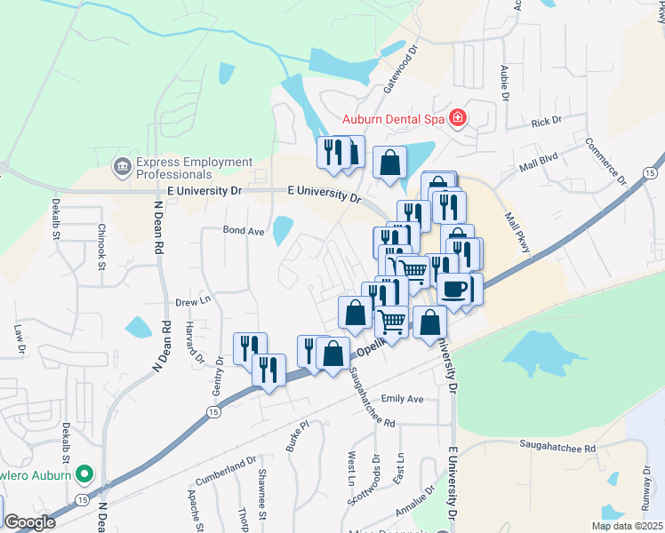 map of restaurants, bars, coffee shops, grocery stores, and more near 983 Starr Court in Auburn