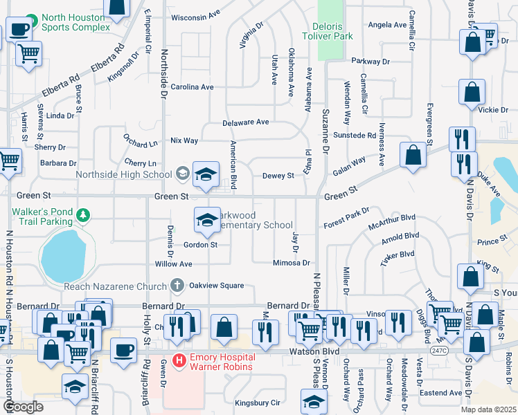 map of restaurants, bars, coffee shops, grocery stores, and more near 115 Donald Drive in Warner Robins