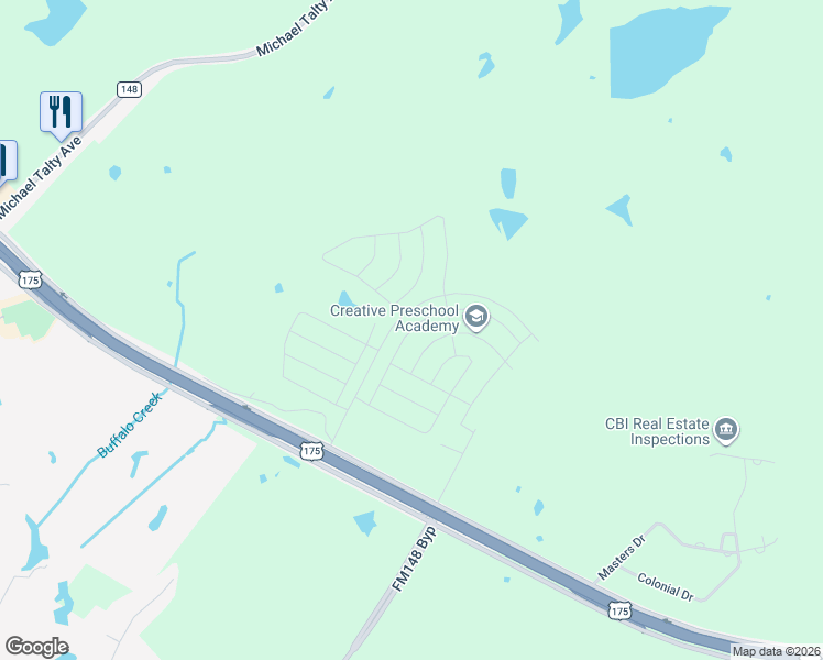 map of restaurants, bars, coffee shops, grocery stores, and more near 1318 Olivewood Place in Crandall