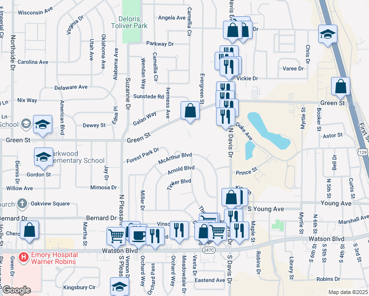 map of restaurants, bars, coffee shops, grocery stores, and more near 505 McArthur Boulevard in Warner Robins