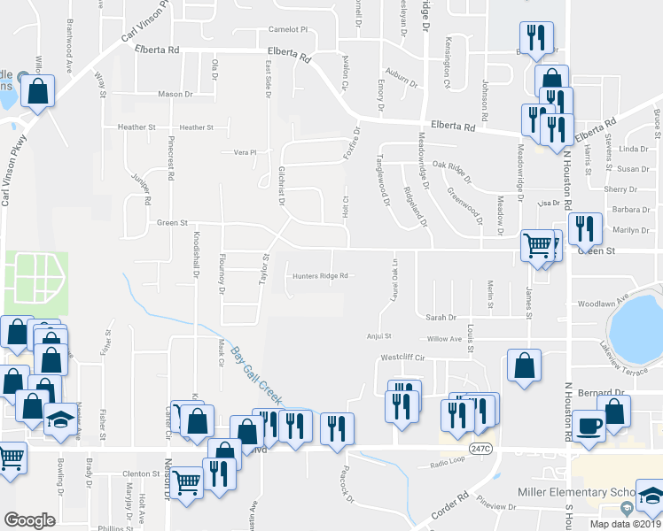 map of restaurants, bars, coffee shops, grocery stores, and more near 105 Hunters Glen in Warner Robins