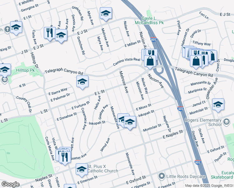 map of restaurants, bars, coffee shops, grocery stores, and more near 897 Myra Avenue in Chula Vista