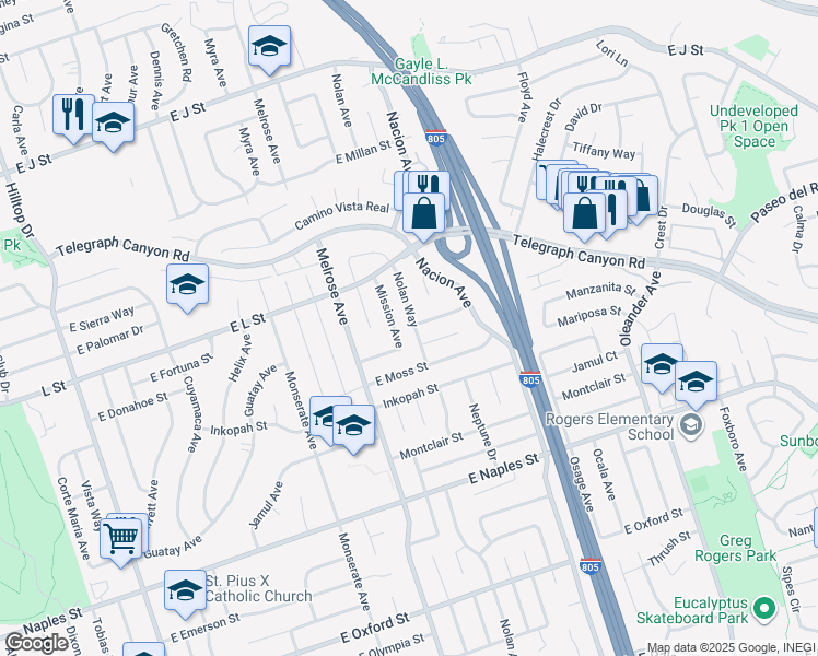 map of restaurants, bars, coffee shops, grocery stores, and more near 939 Nolan Way in Chula Vista