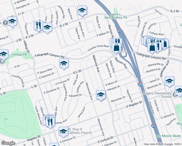 map of restaurants, bars, coffee shops, grocery stores, and more near 897 Myra Avenue in Chula Vista