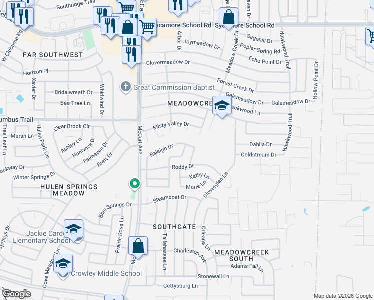 map of restaurants, bars, coffee shops, grocery stores, and more near 3300 Raleigh Drive in Fort Worth