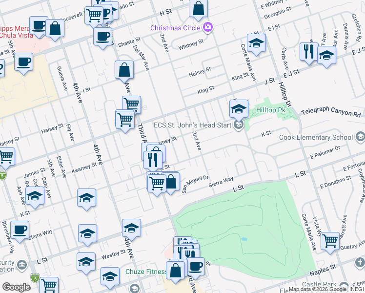 map of restaurants, bars, coffee shops, grocery stores, and more near 218 Kearney Street in Chula Vista