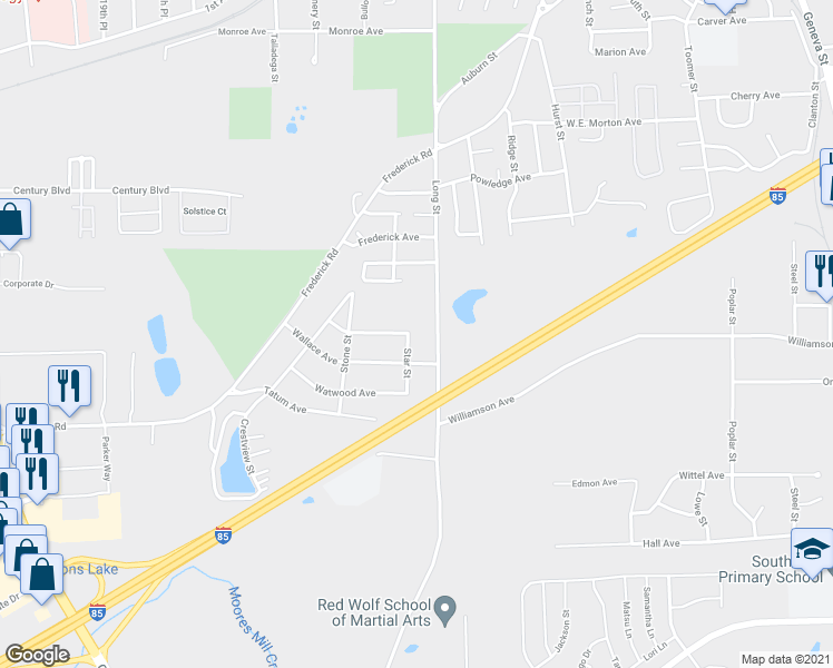 map of restaurants, bars, coffee shops, grocery stores, and more near 2201 Star Street in Opelika