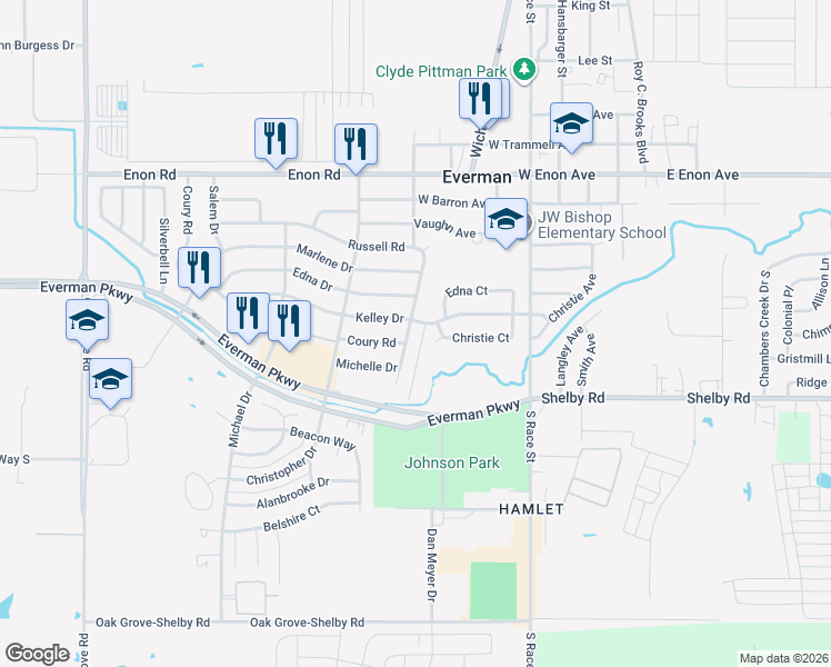 map of restaurants, bars, coffee shops, grocery stores, and more near 437 Russell Road in Everman