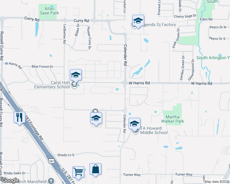 map of restaurants, bars, coffee shops, grocery stores, and more near 2701 Twin Ridge Drive in Arlington
