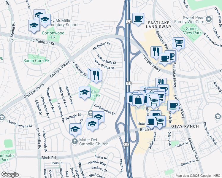 map of restaurants, bars, coffee shops, grocery stores, and more near 1458 Trouville Lane in Chula Vista