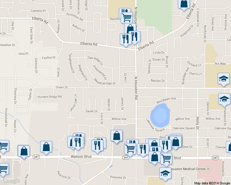 map of restaurants, bars, coffee shops, grocery stores, and more near 1501 Green Street in Warner Robins
