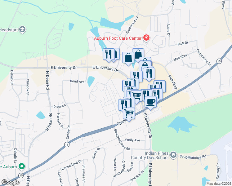 map of restaurants, bars, coffee shops, grocery stores, and more near 1124 Runningvine Lane in Auburn